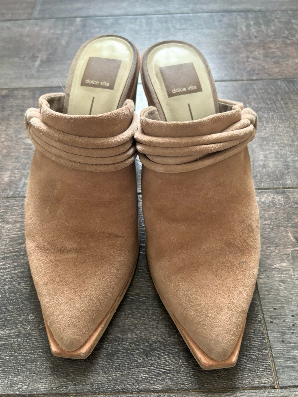 Dolce Vita Taupe Suede Pointed Mules with Wrapped Collar